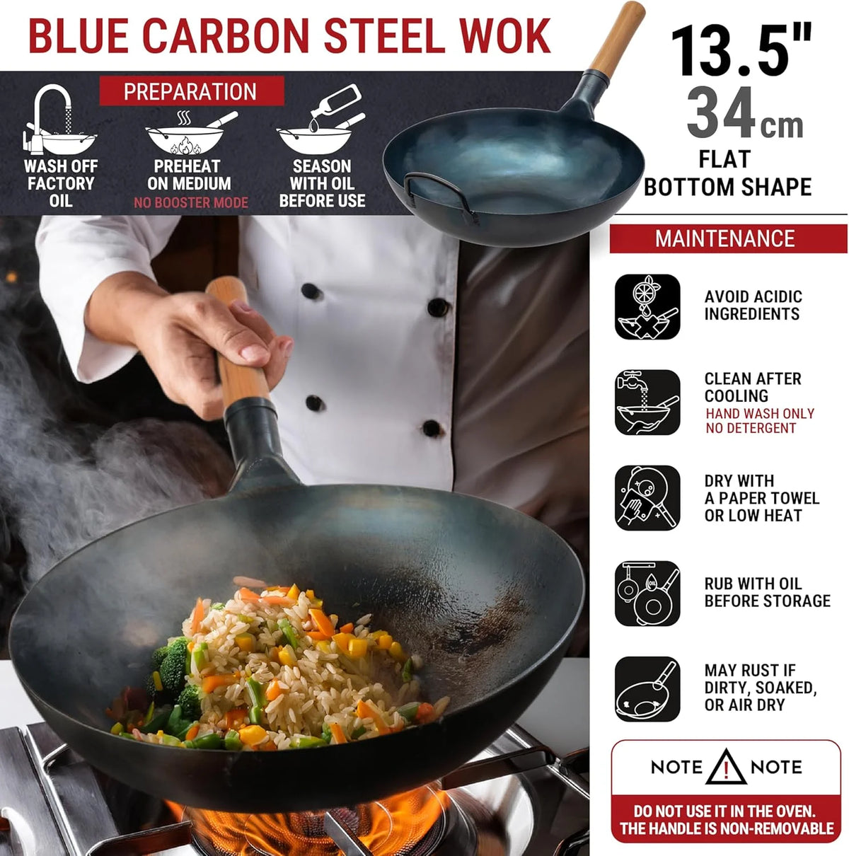 YOSUKATA 13.5" Carbon Steel Wok Pan �C Pre-Seasoned Flat Bottom Wok for Stir Fry, BBQ & Camping �C Works with Induction, Gas, Electric & Open Fire