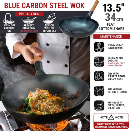 YOSUKATA 13.5" Carbon Steel Wok Pan �C Pre-Seasoned Flat Bottom Wok for Stir Fry, BBQ & Camping �C Works with Induction, Gas, Electric & Open Fire