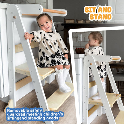 HARPPA Foldable Toddler Kitchen Tower, Standing Tower for Kids Age 1.5-6 Years, White