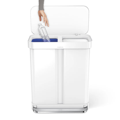 simplehuman 58 Liter / 15.3 Gallon Rectangular Dual Compartment Recycling Step, Brushed Stainless Steel with Soft-Close Plastic Lid Kitchen Trash Can