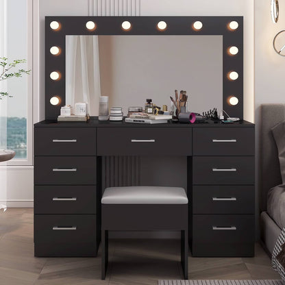Ktaxon Large Makeup Vanity, Vanity Table Set w/ Visible Glass Top w/ Charging Station, White