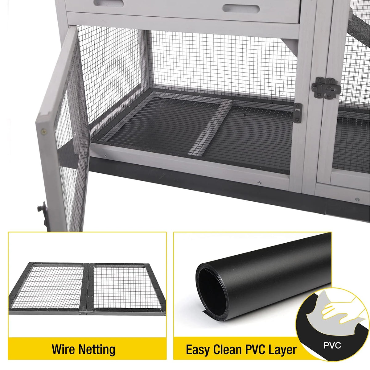Aivituvin Rabbit Hutch Outdoor Indoor Bunny Cage with Pull Out Tray, Upgraded Chicken Coop with Removable Wire Mesh Bottom, Gray