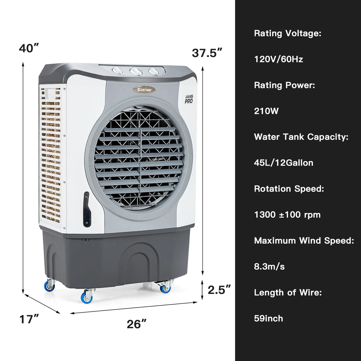45L Evaporative Air Cooler 3-in-1 Swamp Cooler w/Large Water Tank & Washable Filter