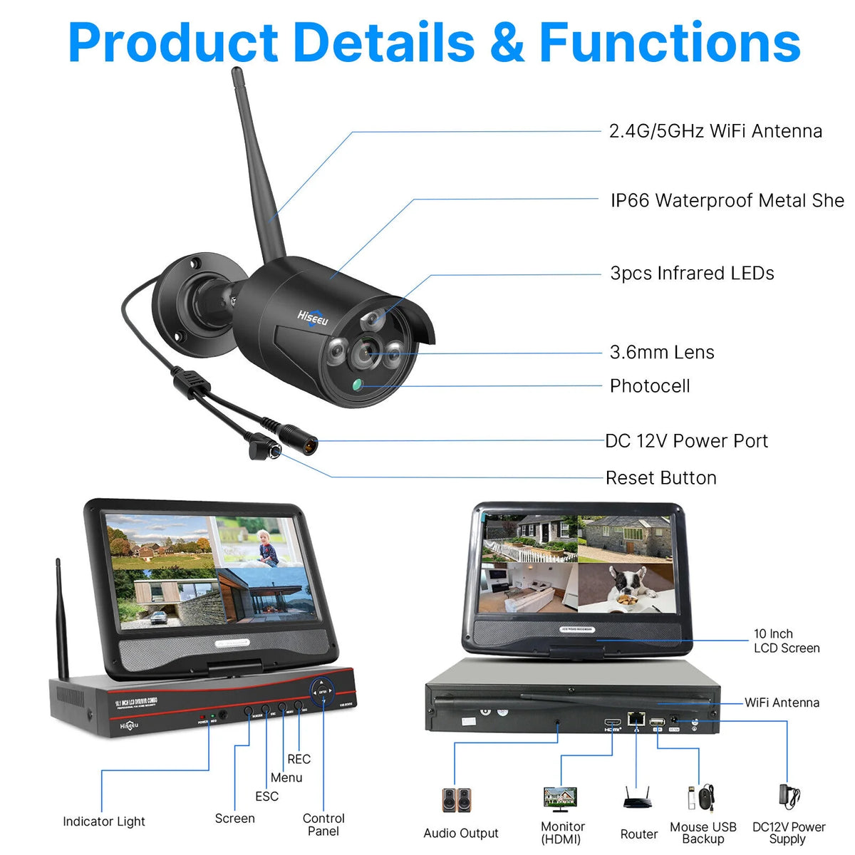 Hiseeu Security Camera System with 10.1'' Monitor 10CH 1TB Hard Drive NVR, Wireless Wifi Cameras for Recording and Remote View, Home Security Camera System