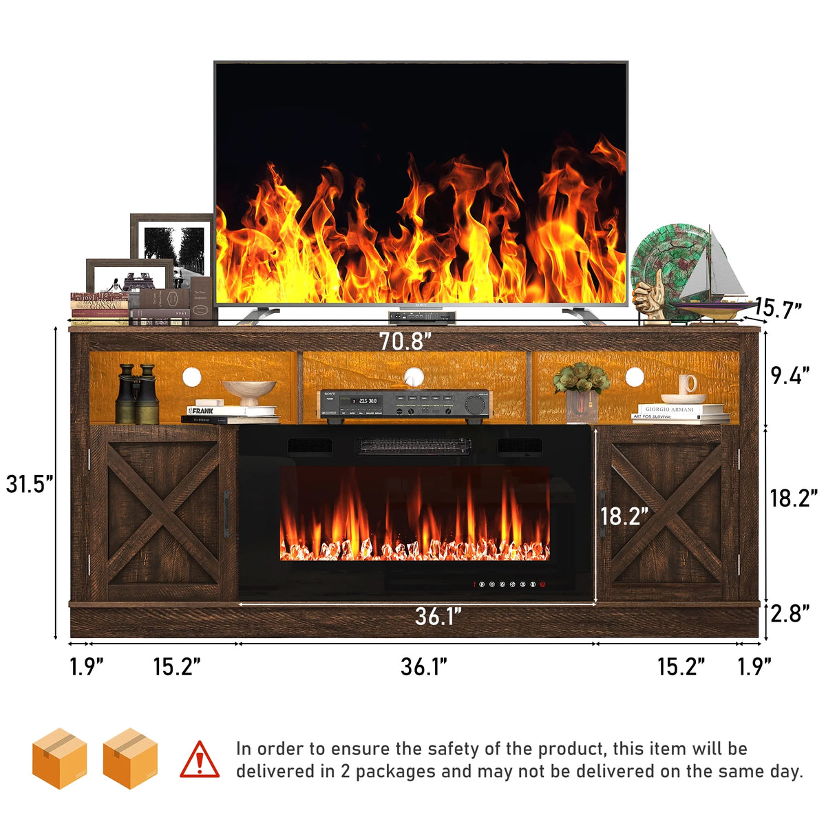 ChVans 70" Fireplace TV Stand for TVs up to 80" with 36" Electric Fireplace, Farmhouse Entertainment Center with LED, Wooden Media Console for Living Room, Bedroom