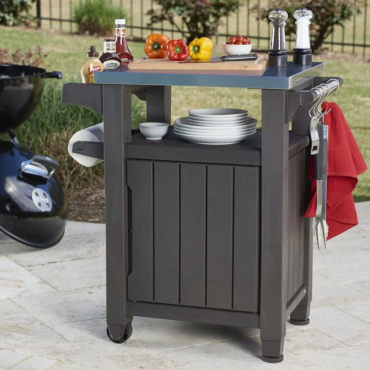 Keter Unity 40 Gal Patio Storage Grilling Bar Cart w/Stainless Top, Brown
