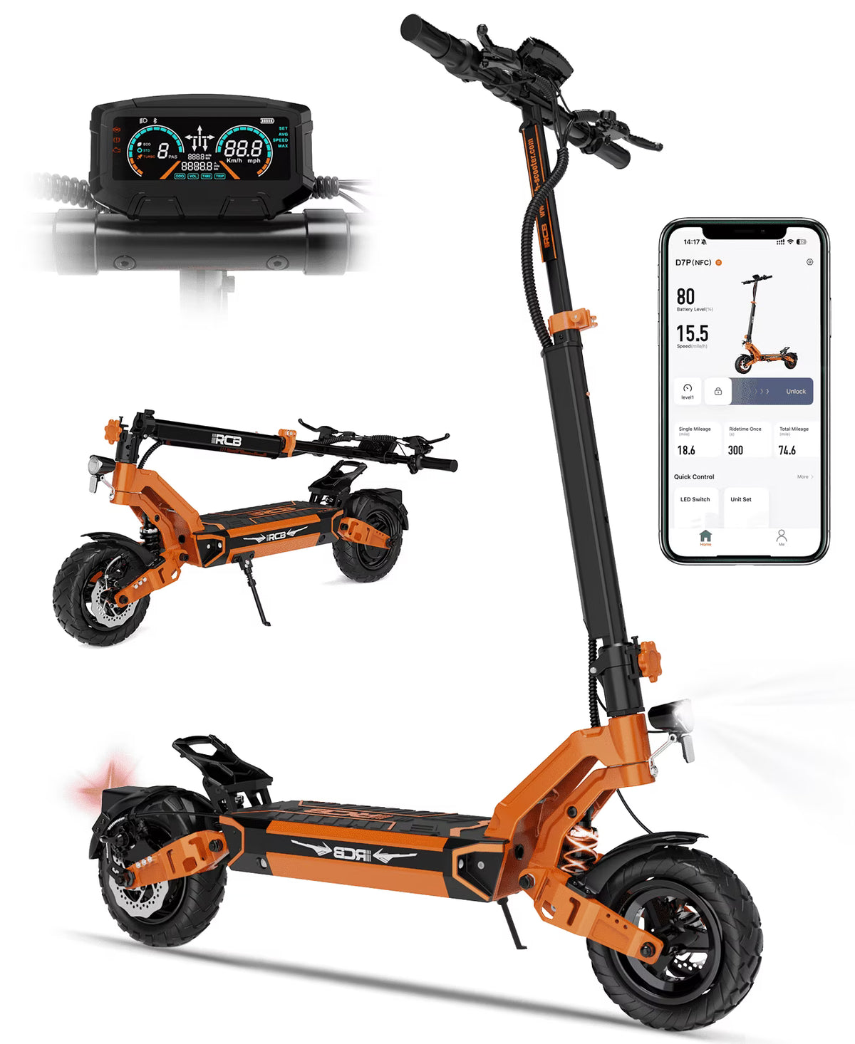 Electric Scooter for Adults, Max 70miles Range, 1000W Motor, 48V 27Ah Battery, 10" Anti-Flat Tires, Dual Shocks, APP Control&NFC - RCB D7PRO