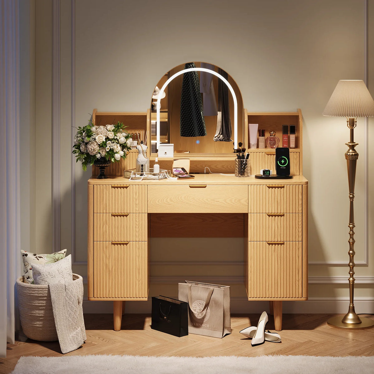 UGTOO 45.2" Modern Vanity Desk with LED Mirror & USB Charging, Wood Makeup Dressing Table with 7 Drawers for Bedroom