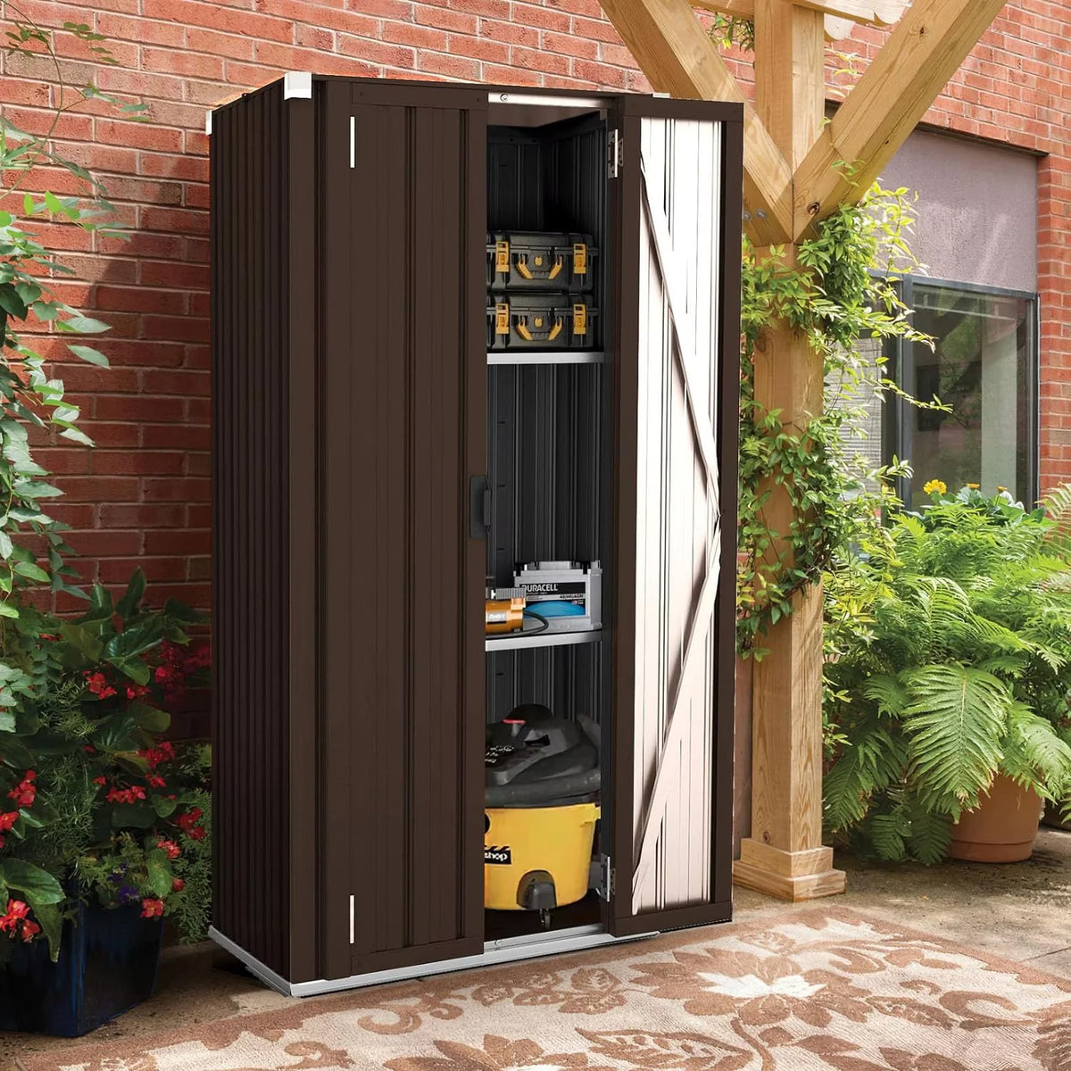 AECOJOY Outdoor Storage Cabinet for Garden & Patio, a Metal Organizer with Doors and Shelves in Gray