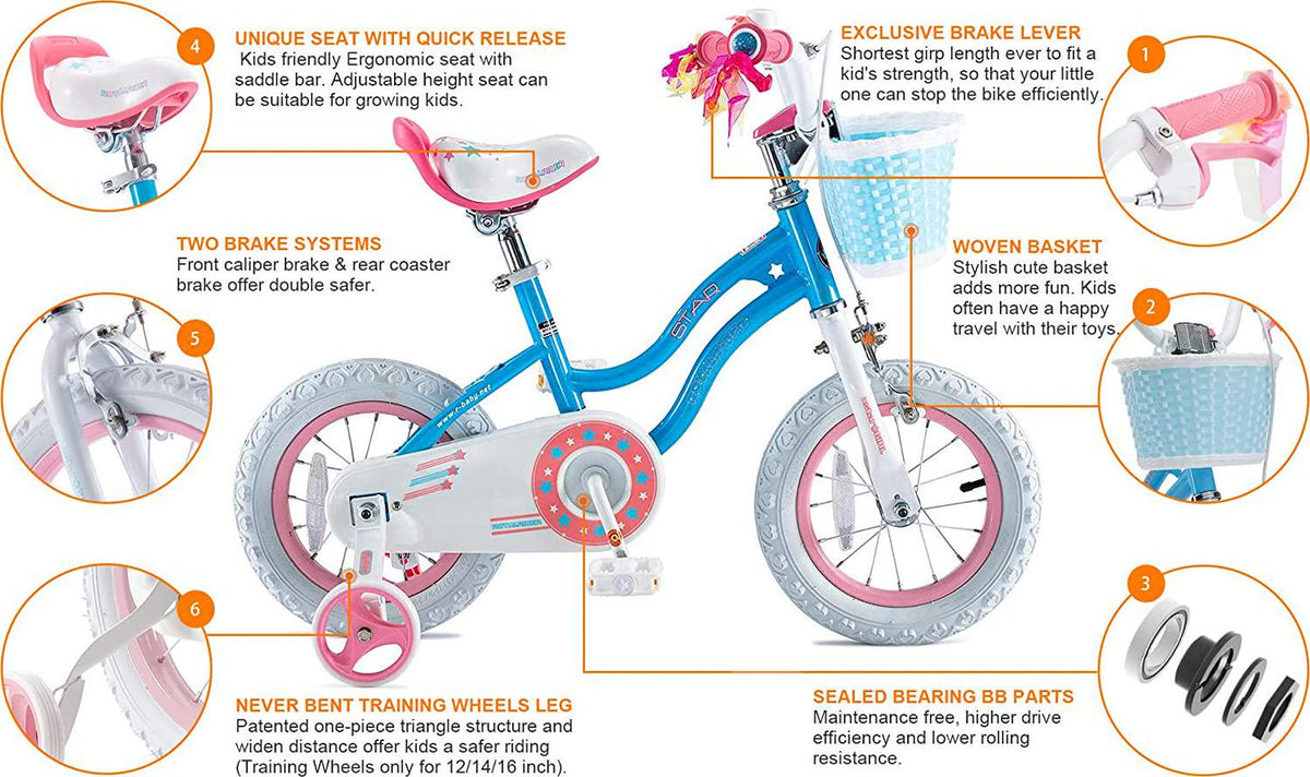 Royalbaby Girls Kids Bike Star girl 16 In. Bicycle Basket Training Wheels Kickstand Blue Child-s Cycle