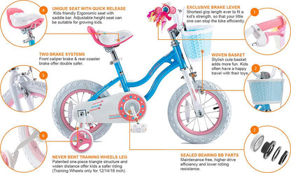 Royalbaby Girls Kids Bike Star girl 16 In. Bicycle Basket Training Wheels Kickstand Blue Child-s Cycle