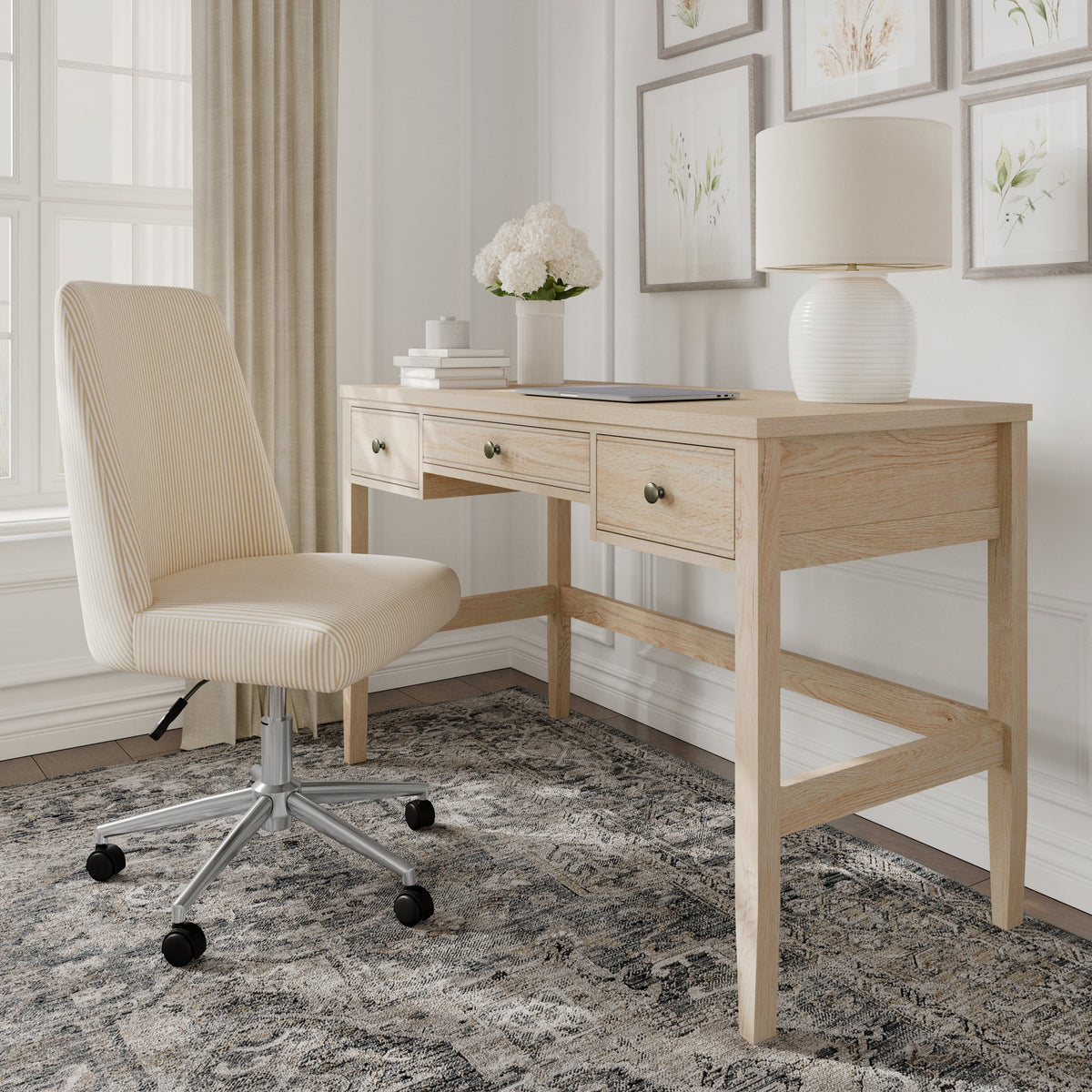 Martha Stewart Home Office Writing Desk with Tapered Legs in Light Natural with Antique Bronze Hardware