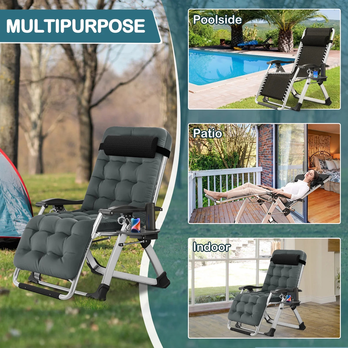 NAIZEA Zero Gravity Chair with Removable Cushion and Cup Holder Black