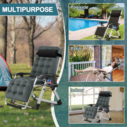 NAIZEA Zero Gravity Chair with Removable Cushion and Cup Holder Black