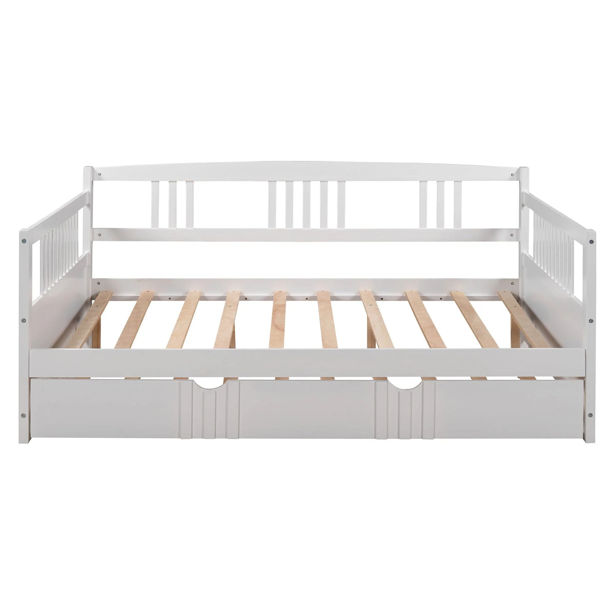 Daybed with Trundle Included, Full Size Daybed Bed Frame with Headboard and Footboard, Living Room Sofa Bed with Pull Out Bed, Wood Single Bed for Kids Boys Girls, No Box Spring Needed, White, J948