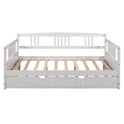 Daybed with Trundle Included, Full Size Daybed Bed Frame with Headboard and Footboard, Living Room Sofa Bed with Pull Out Bed, Wood Single Bed for Kids Boys Girls, No Box Spring Needed, White, J948