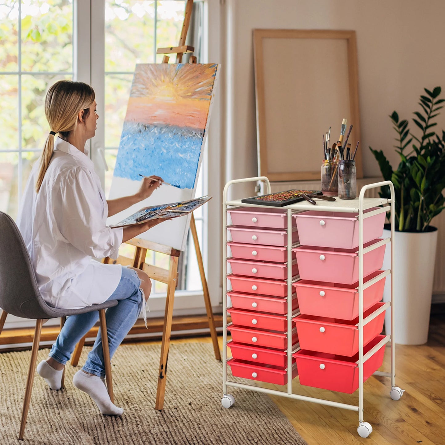 Costway 15 Drawer Rolling Storage Cart Tools Scrapbook Paper Office School Organizer White