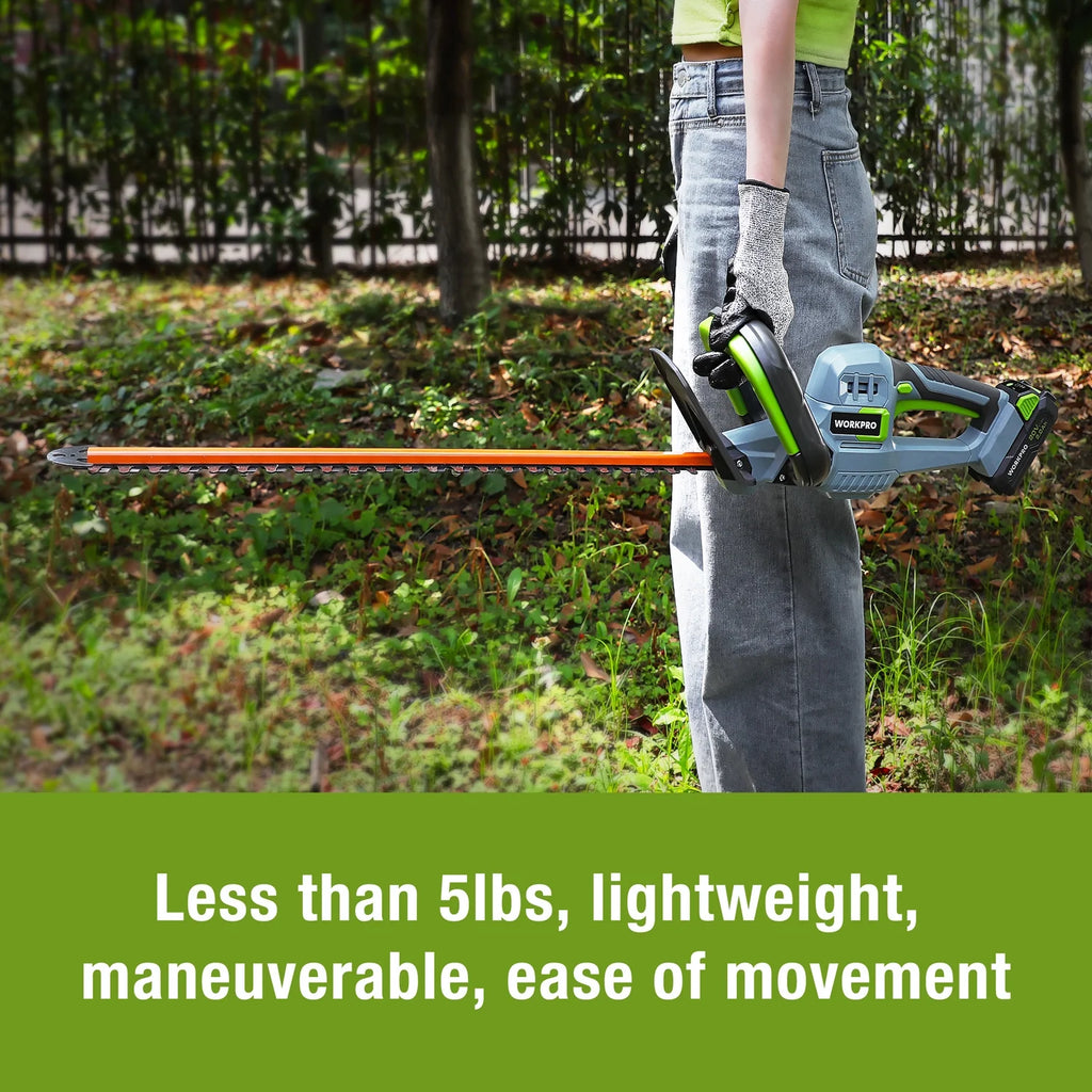 WORKPRO 20V Cordless Hedge Trimmer, 20" Dual Action Blades Electric Hedge Trimmer, with Battery and Charger