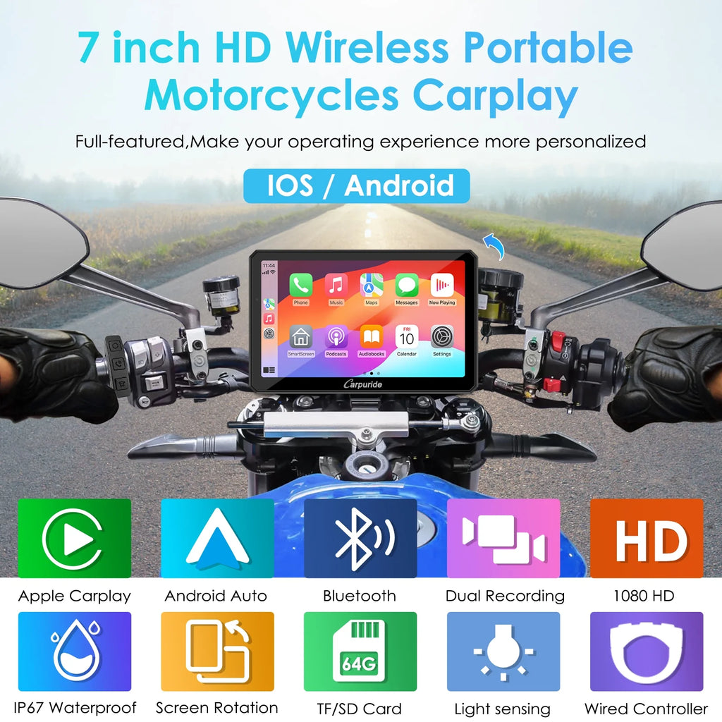 Carpuride Motorcycle HD Dual 1080P Dash Cam, Wireless Apple CarPlay & Android Auto Wire Control, Horizontal  Vertical Rotation 7" Touch Screen (712D)