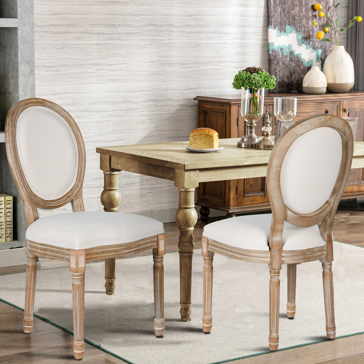 French Dining Chairs Set of 2 Beige Natural Fabric Round Back with Solid Wood Legs and Frame for Bedroom Dining Room Kitchen