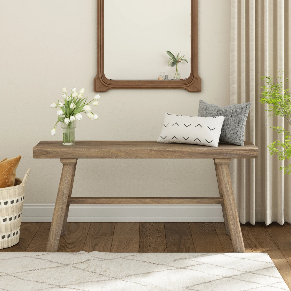39" Solid Wood Bench, Rustic Farmhouse Wood Dining Room & Entryway Bench Seat for Indoors and Outdoors