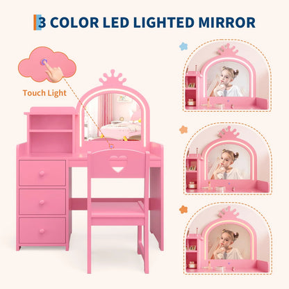 Yeshouse Princess Girls Makeup Vanity Table Set with Storage & Lights