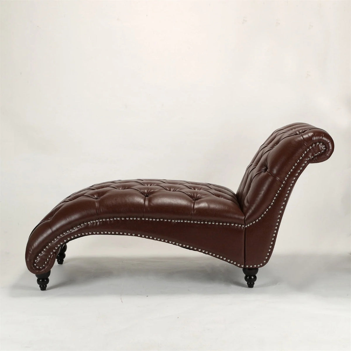 PU Leather Tufted Chaise Lounge Chair, Single Sofa Chaise Chair with Nailhead Trim and Turned Legs for Living Room Bedroom, Brown