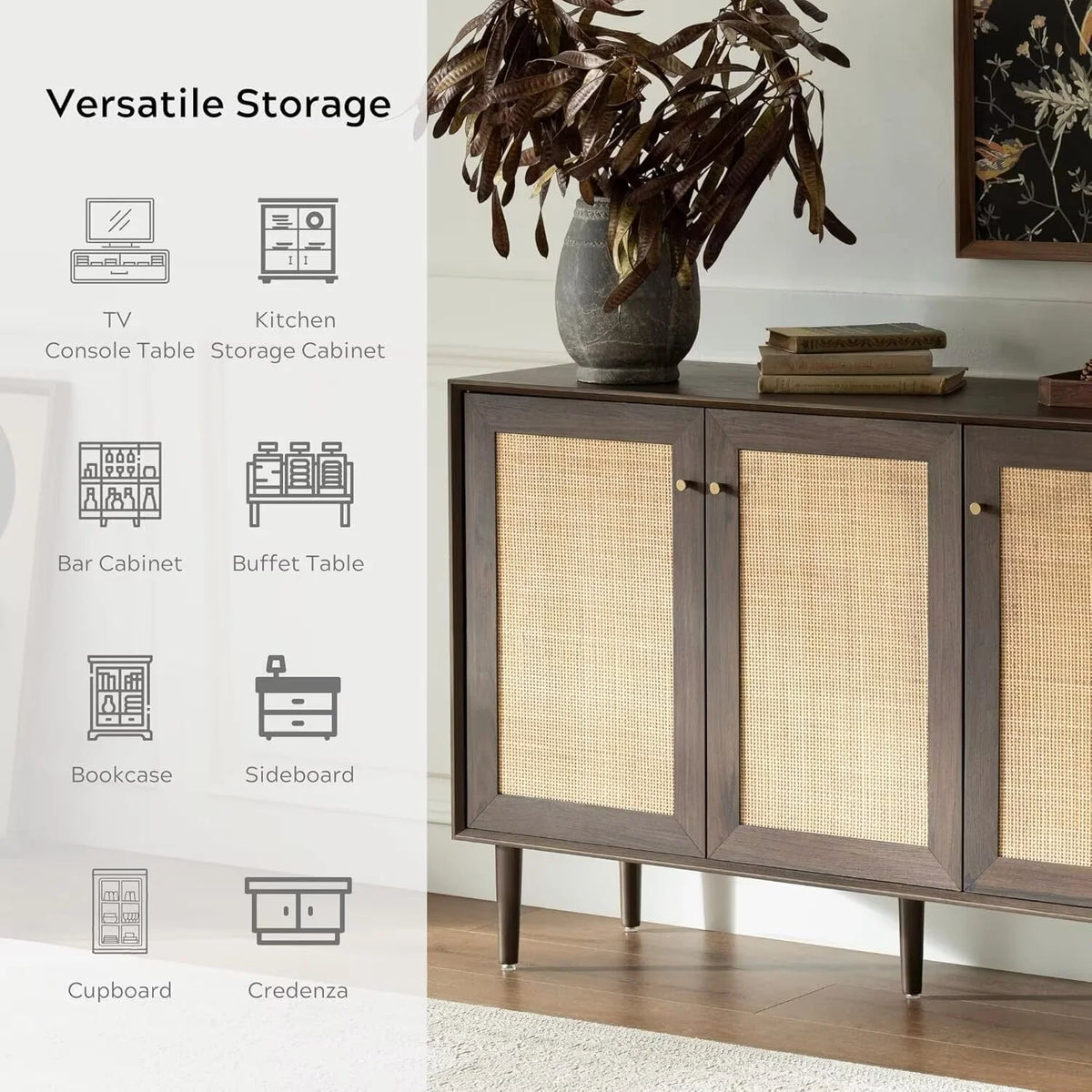 EYYTHUNG Farmhouse 3-Door Rattan Storage Cabinet, Solid Wood Entryway Buffet Sideboard