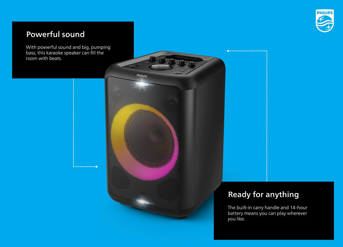 Philips X3206 Portable Bluetooth Party Speaker with Party Lights and Built-in Carry Handle, Medium Size, Black, TAX3206
