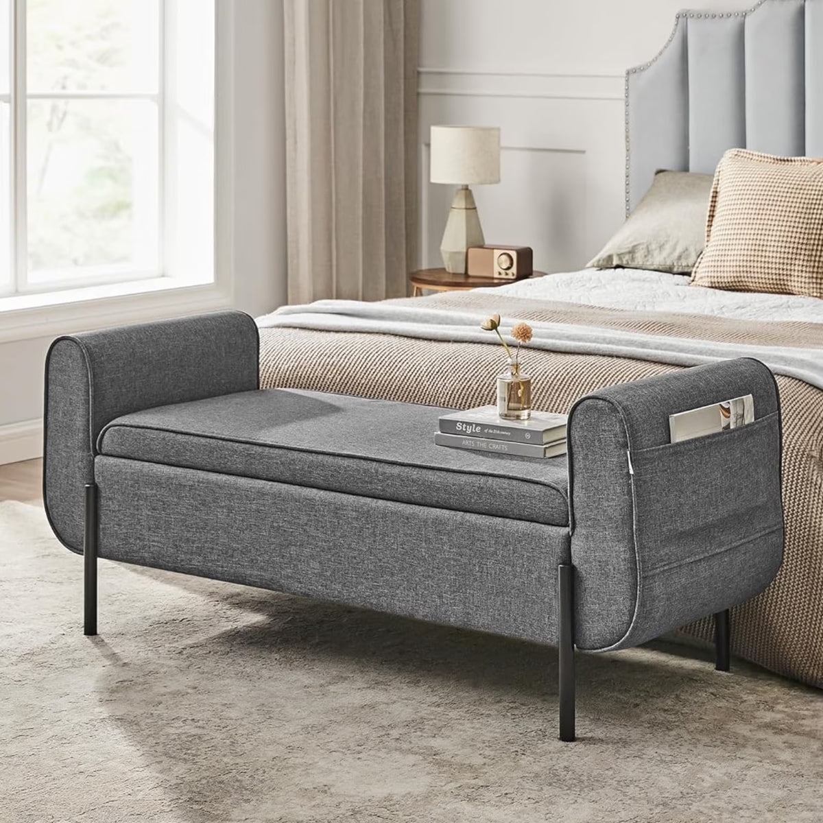 SONGMICS 46.5" Storage Ottoman Bench Storage Bench Bedroom Bench 330lb Load Capacity Solid Wood Legs Light Gray