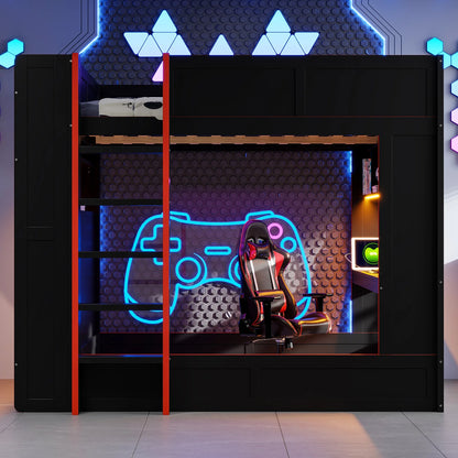 Euroco Wood Full Size Loft Bed with Desk and Shelves, Gaming Bunk Bed with LED Light and USB Charging, Black