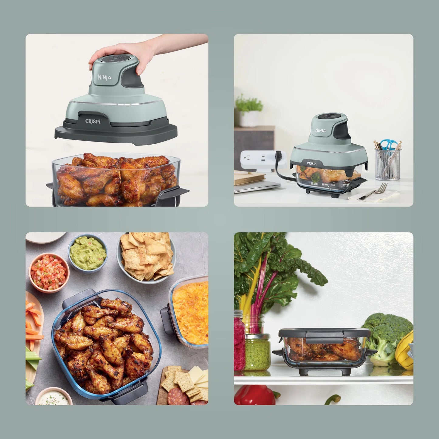 Ninja Crispi 4-in-1 Portable Glass Air Fryer Cooking System, 4-Qt & 6-Cup Containers, Cyberspace