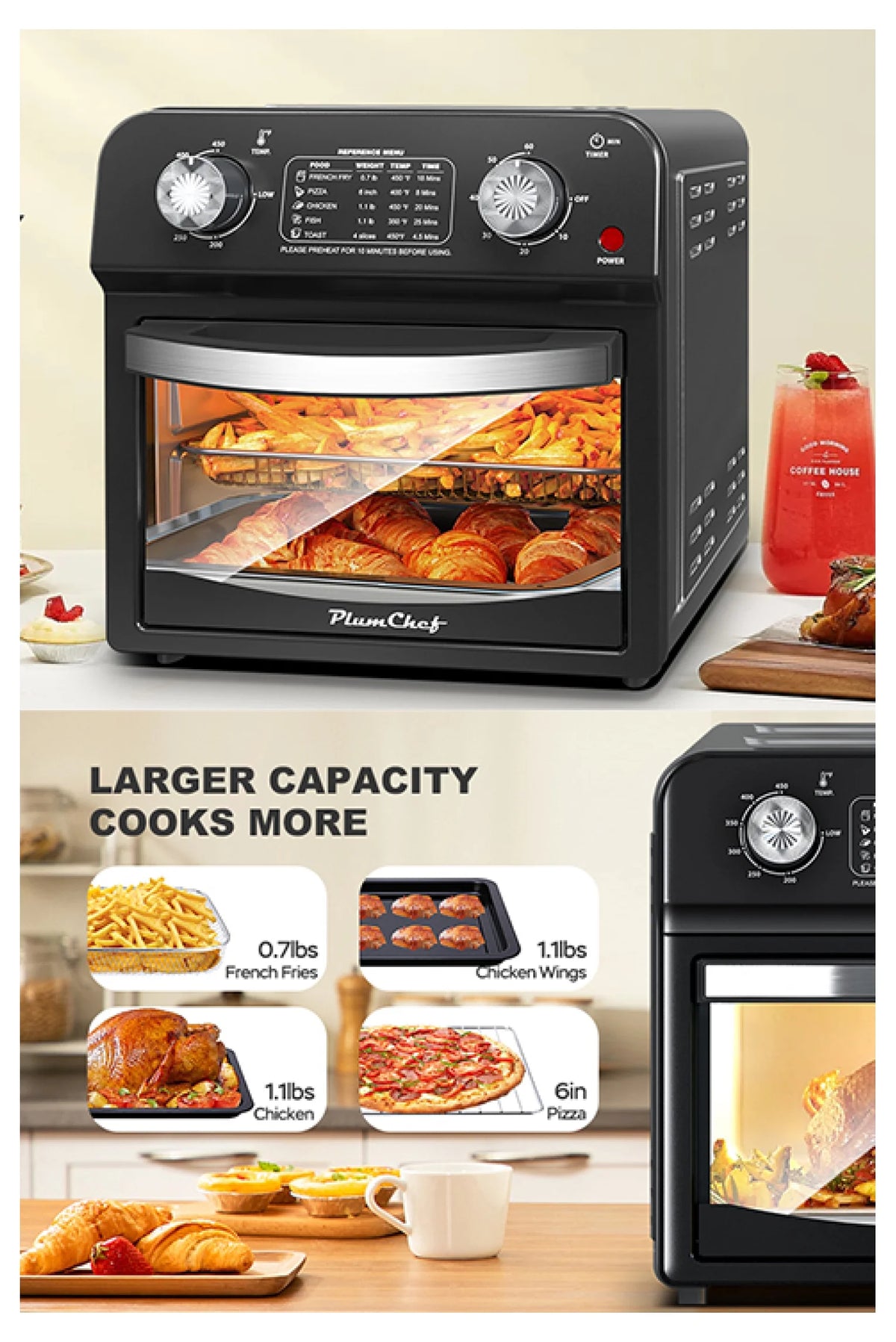 12.5 Quart 7-in-1 Convection Toaster Oven, 1500W, 5 Pre-set Menus, Roast, Bake, Grill, Broil, Toast, Dehydrate, Defrost, Stainless Steel, Black