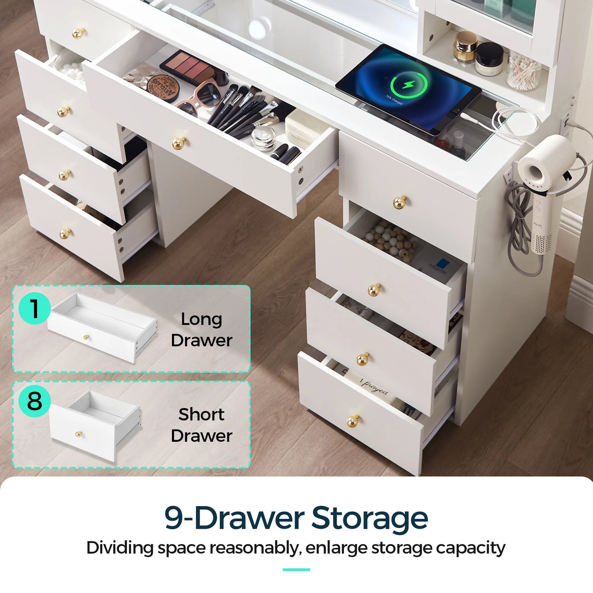 Linsy Home Large 47.2" Makeup Vanity With Mirror And 11 Lights, Glass Top Vanity Desk with 9 Drawers & 2 Adjustable Cabinets, Dressing Table with Charging Station & Hair Dryer Rack For Bedroom, White