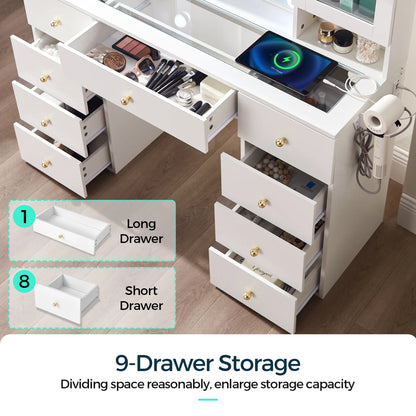 Linsy Home Large 47.2" Makeup Vanity With Mirror And 11 Lights, Glass Top Vanity Desk with 9 Drawers & 2 Adjustable Cabinets, Dressing Table with Charging Station & Hair Dryer Rack For Bedroom, White