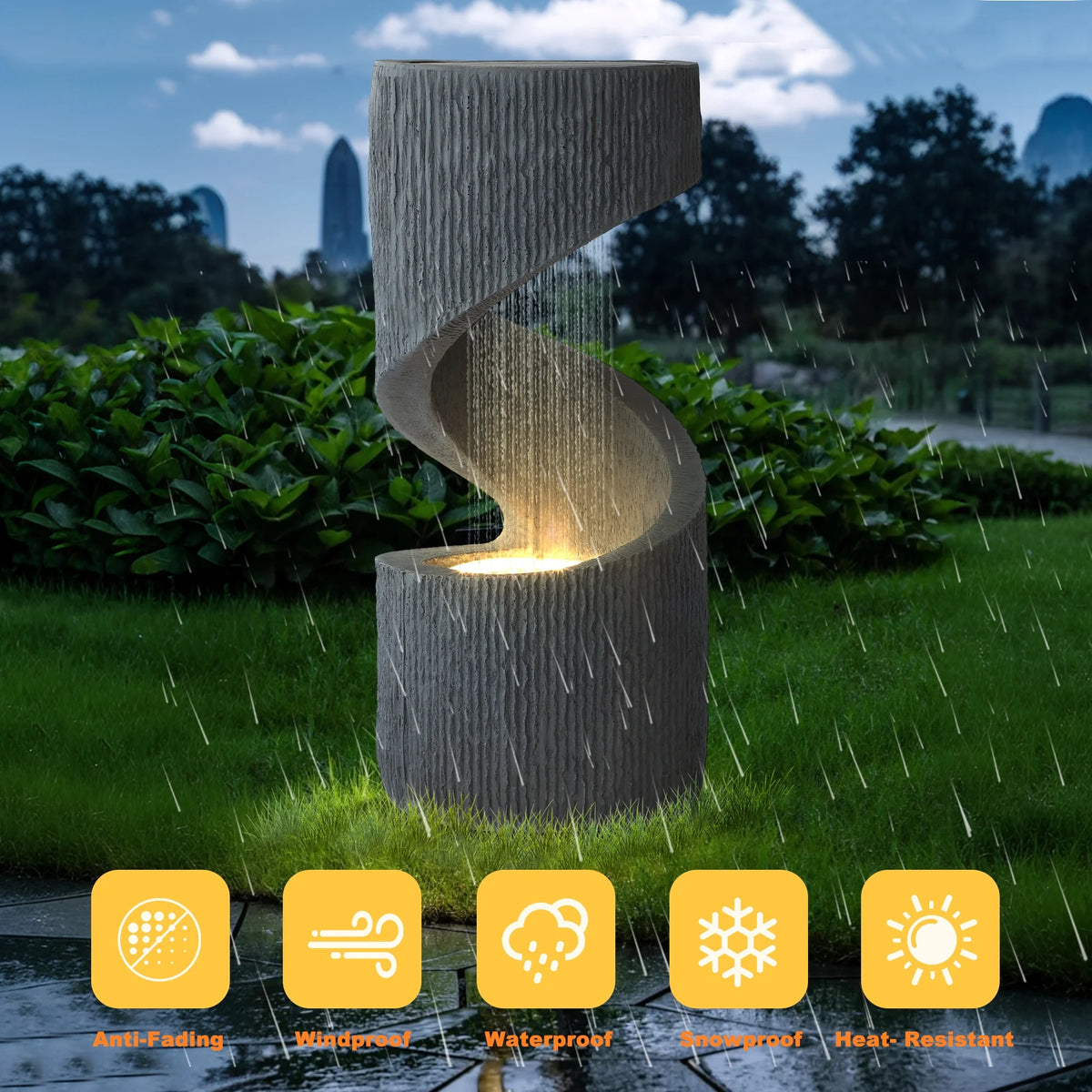 Magic Union Outdoor S-Shaped Water Fountain, Spiral Waterfall Indoor Fountain Outside Garden Decor with LED Lights & Pump, Curved Patio Resin Fountains for Yard, Deck, Porch and Home Decorations