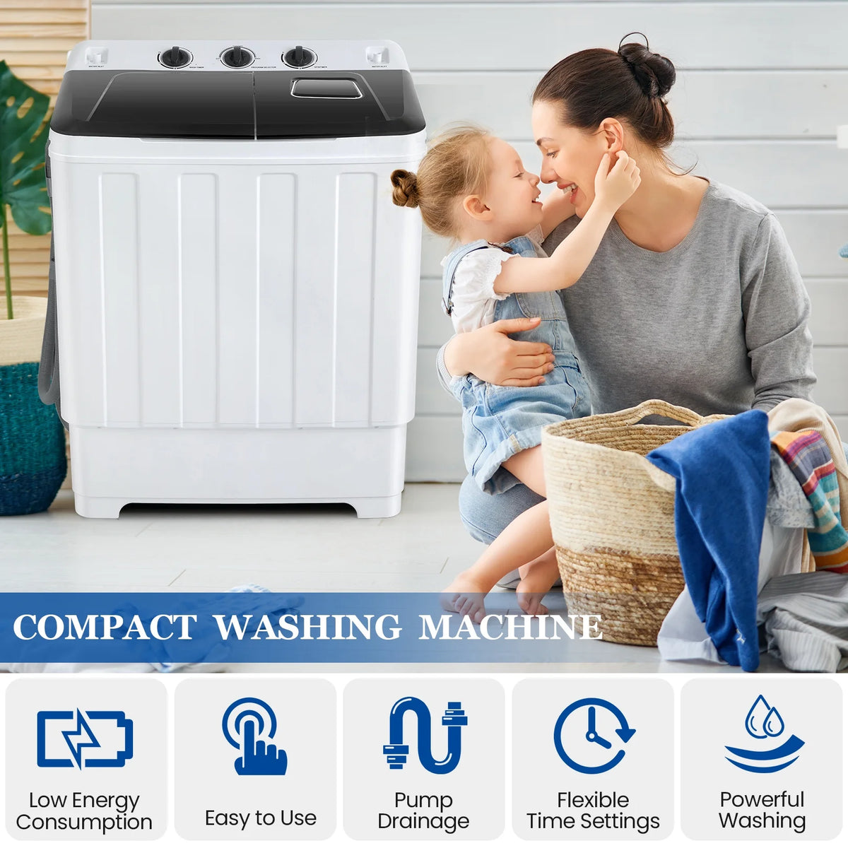 Qhomic Portable Washer 30lbs, 2-in-1 Twin Tub Washer & Dryer Combo Compact Semi-Automatic Washing Machine with Drain Pump, Black