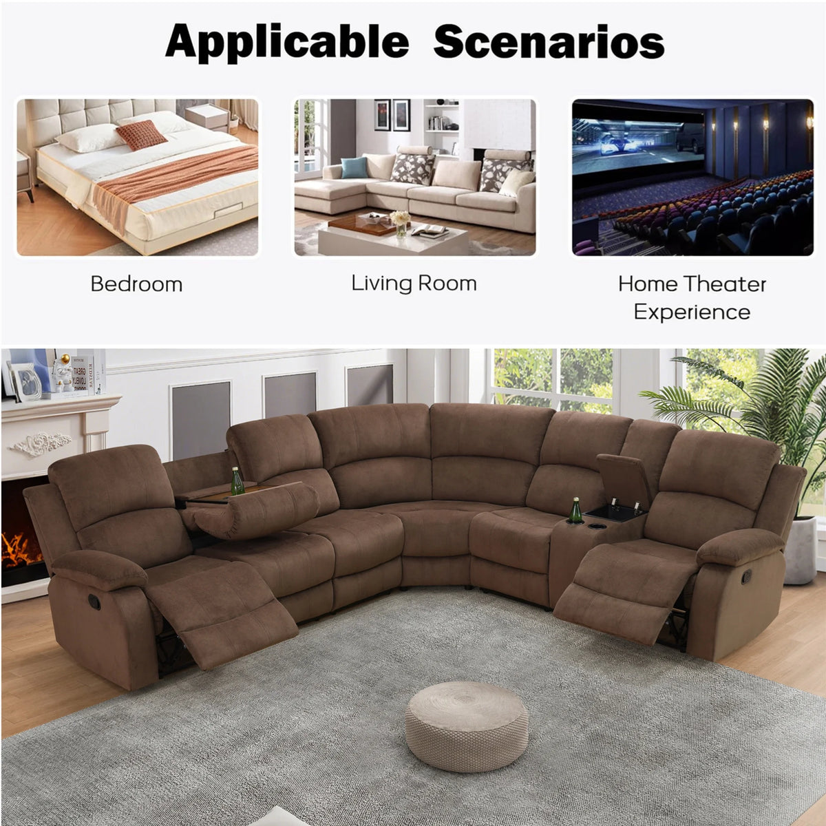 Aukfa 3-Piece Recliner Sofa Set, 6 Seat Sectional Couch with Cup Holders&Storage Console, Gray