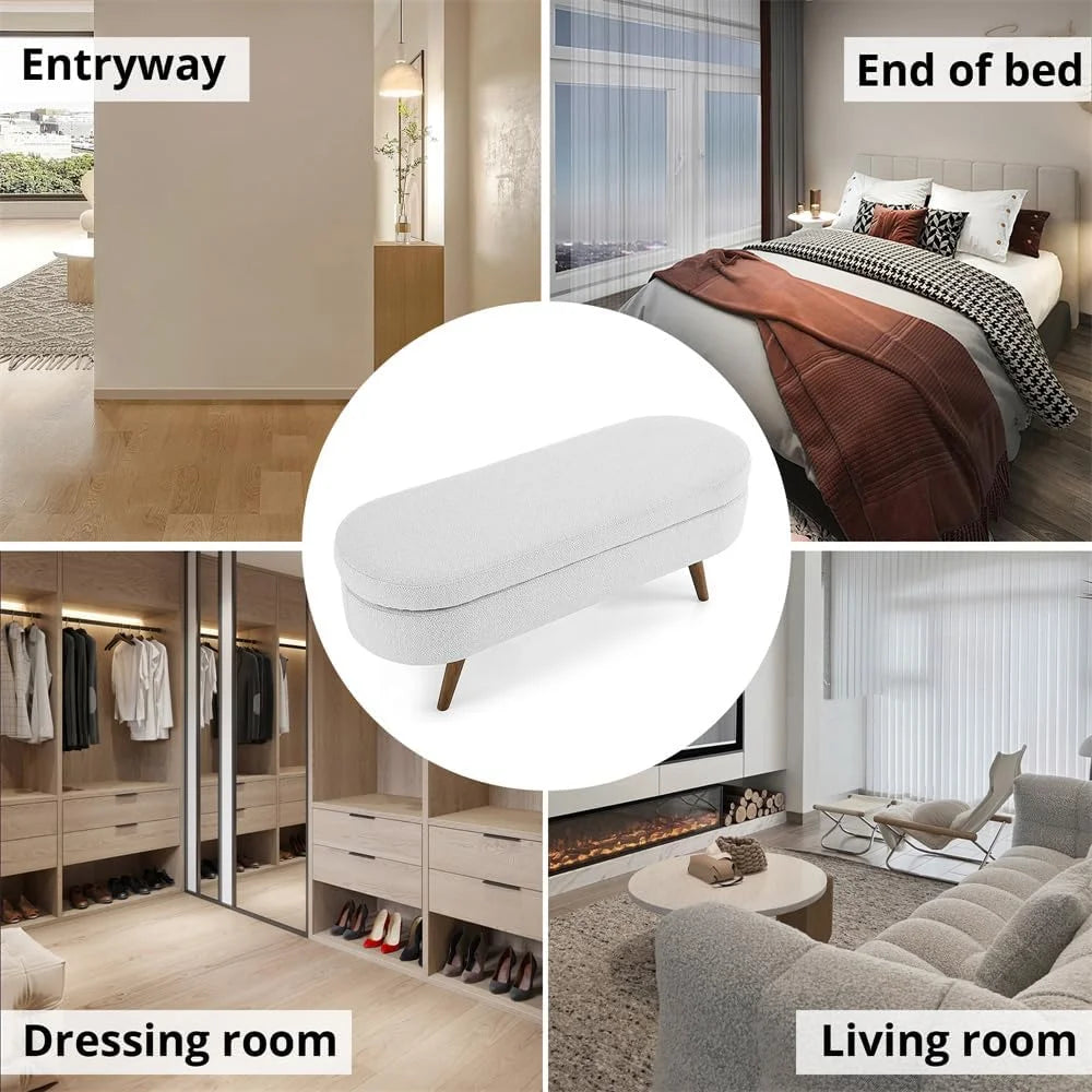 Sumdeal 43.5" Storage Ottoman Bench with 250lb Seating, Linen Upholstered Wood Legs Safety Hinge Flip Top Oval Foot Rest Long Stool for Sofa Couch Bedroom End of Bed Living Room Entryway, White