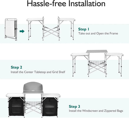 Camping Kitchen Table with Storage, Aluminum Portable Outdoor Cooking Table with Windscreen, Foldable Camp Table Cook Station for BBQ, Grill, Party, Picnics