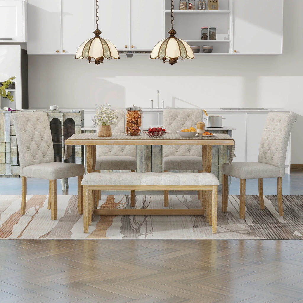 Besthome 6-Piece Retro Rectangular Dining Table Set, Table with Unique Legs and 4 Upholstered Chairs & 1 Bench for Dining Room and Kitchen (Natural Wood Wash)