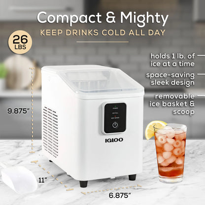 Igloo Self-Cleaning Countertop Ice Maker - Compact and Portable - Creates 26 lbs. Per Day, 8 Pieces Ready Every 7-8 Minutes - Includes Ice Scoop and Basket - Aqua