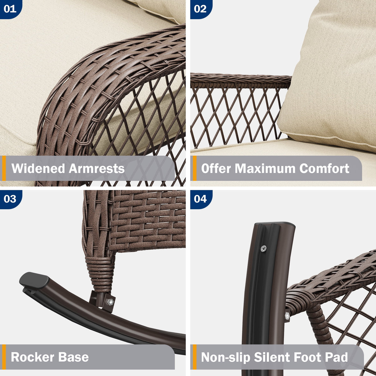 ELPOSUN 3-Piece Outdoor Rocking Chairs, Wicker Patio Furniture with Thickened Cushions and Table for Porch