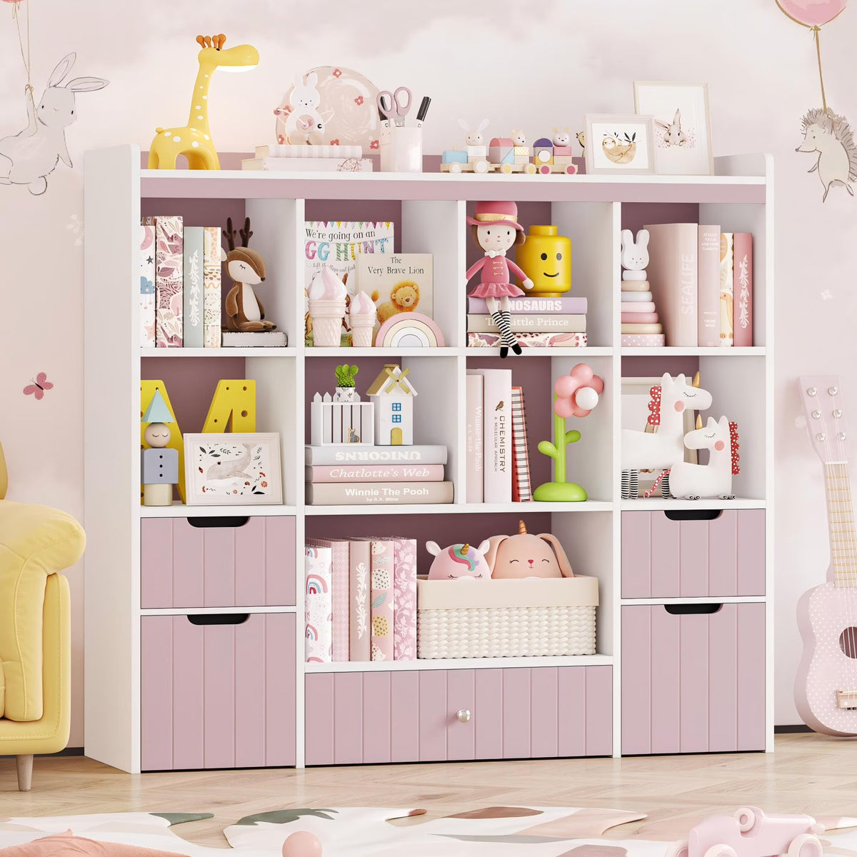 Homfa Kids Toy Storage Organizer with Cubby, Kids Toy Storage Chest with Removable Drawers, Kids Bookcase for Playroom Bedroom Living Room, Pink