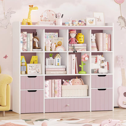 Homfa Kids Toy Storage Organizer with Cubby, Kids Toy Storage Chest with Removable Drawers, Kids Bookcase for Playroom Bedroom Living Room, Pink