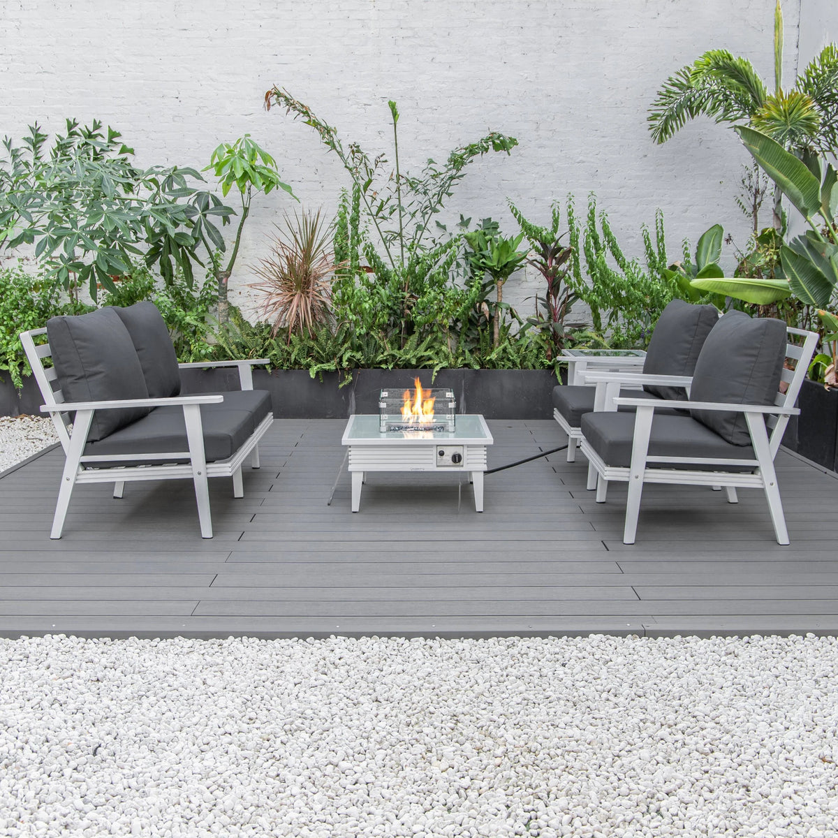 LeisureMod Walbrooke Modern Aluminum 5-Piece Patio Conversation Set with Outdoor Square Fire Pit Table with Slats Design & Side Table Tank Holder (Green)