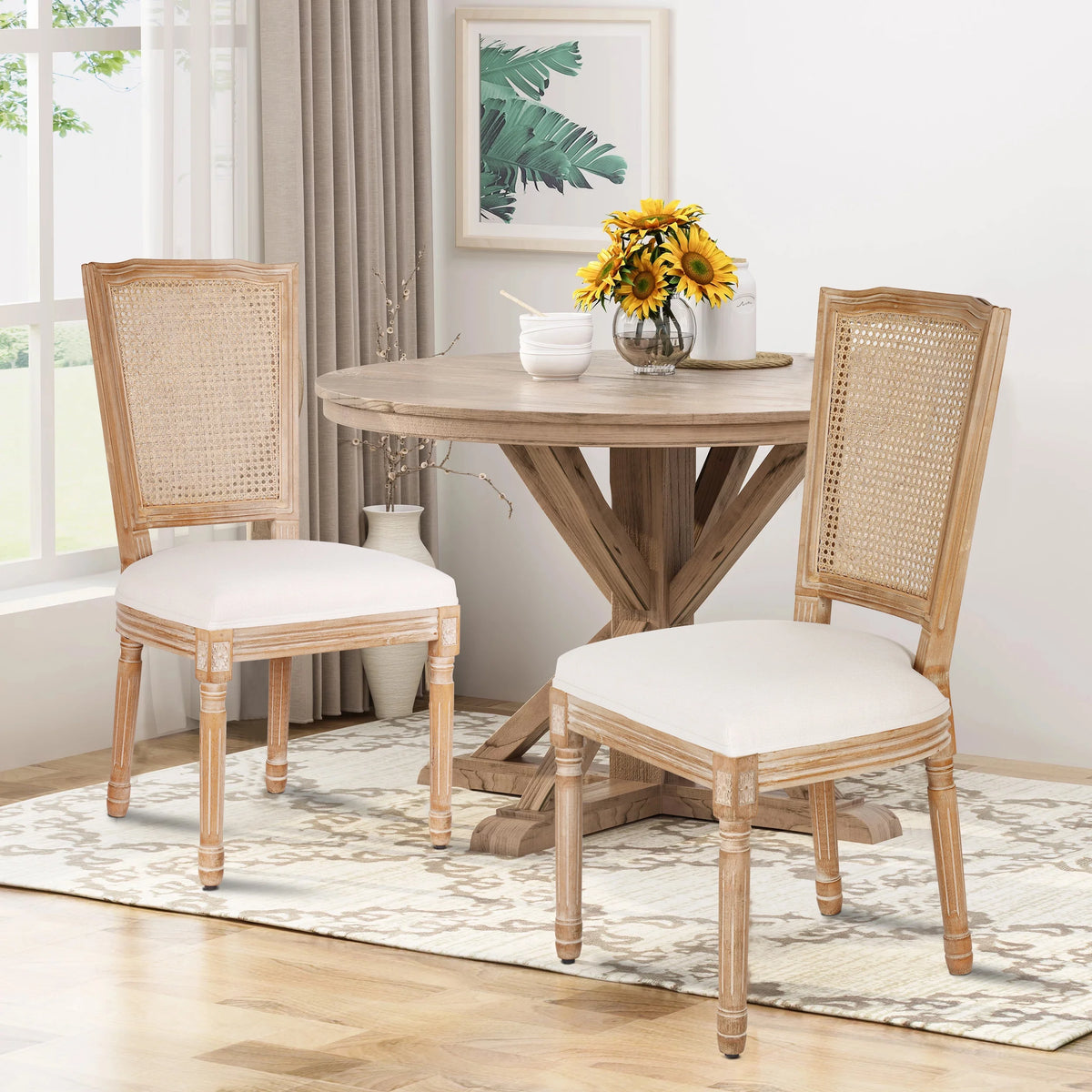 French Dining Chairs Set of 2 Beige Natural Fabric Round Back with Solid Wood Legs and Frame for Bedroom Dining Room Kitchen