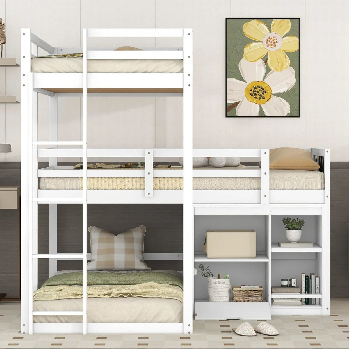 Triple Bunk Beds, L-Shaped Triple Beds with Storage Cabinet & Blackboard, Solid Wood Bunk Beds Frame with Full-length Guardrails & Built-in Ladder for Kids, Teens, 3 Beds in 1, Twin/Twin/Twin, White