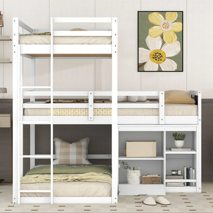 Triple Bunk Beds, L-Shaped Triple Beds with Storage Cabinet & Blackboard, Solid Wood Bunk Beds Frame with Full-length Guardrails & Built-in Ladder for Kids, Teens, 3 Beds in 1, Twin/Twin/Twin, White