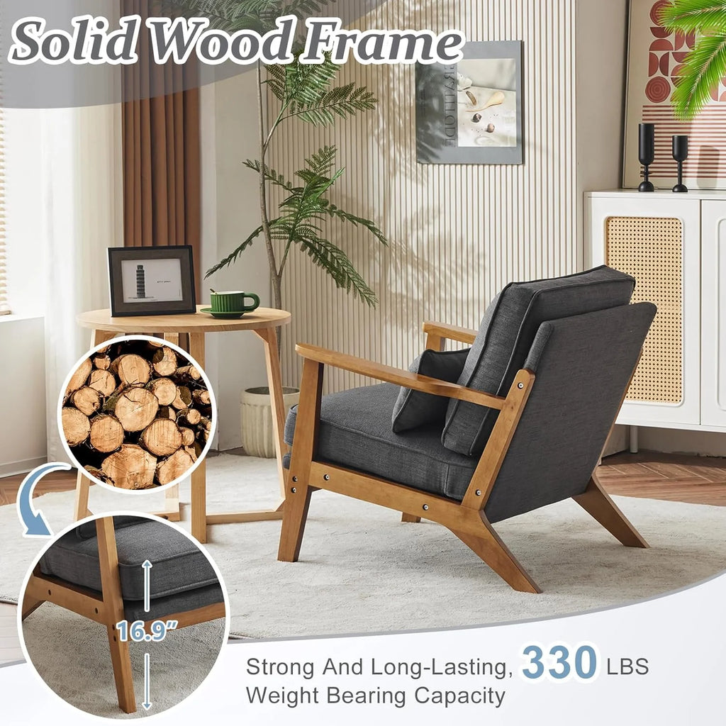 RWTFGV Solid Wood Wide Armrests Accent Chair,Upholstered Mid Century Modern Chair with Pillow,Comfy Reading Chair Farmhouse Arm Chair,Chairs Living Room,Bedroom,Guest Room,Linen Fabric,Beige
